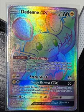 Pokemon Dedenne GX Holographic Rainbow Foil Card - Yellow, Green, Blue